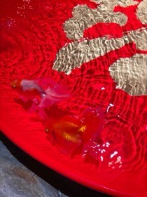 赤く照らされた水面の下で、金魚がひれを広げている。